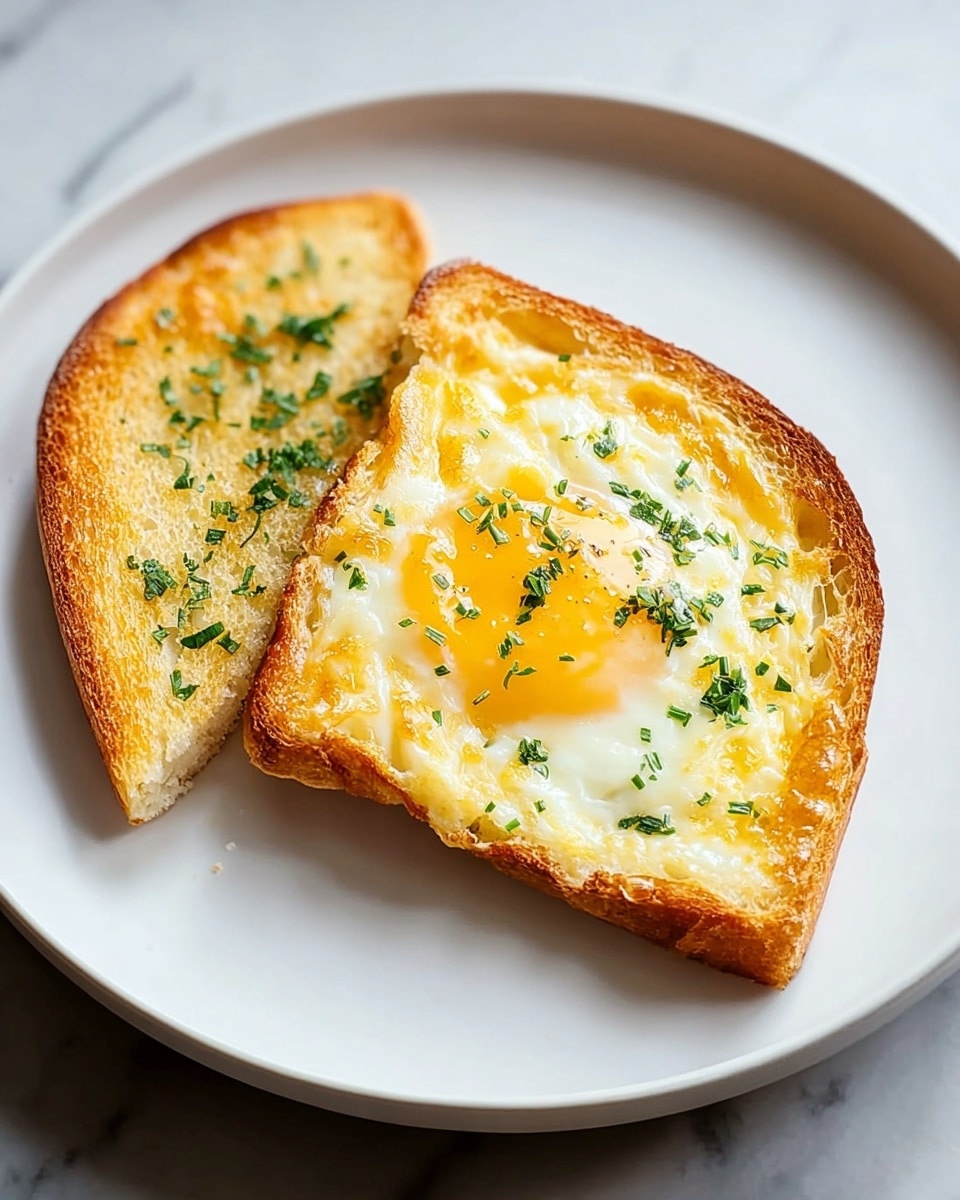 A white plate holds two slices of bread; one slice is plain toasted with a golden-brown color and sprinkled with small green herb pieces, placed slightly behind the other slice. The front slice has a cooked fried egg on top, showing a bright yellow yolk surrounded by white egg with some browned crispy edges, also sprinkled with small green herbs. The plate sits on a white marbled surface. photo taken with an iphone --ar 4:5 --v 7