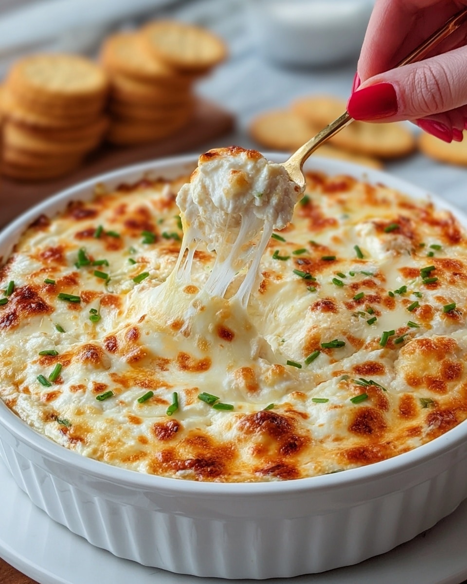 A white round dish filled with a creamy, baked cheese dip showing a bubbly, golden brown surface with some browned cheese spots and small green chives sprinkled evenly on top; the textured cheese layer looks thick and gooey with stretchy melted cheese being lifted by a fork held by a woman's hand with red nail polish, while blurred crackers are stacked in the background on a white marbled surface. photo taken with an iphone --ar 4:5 --v 7