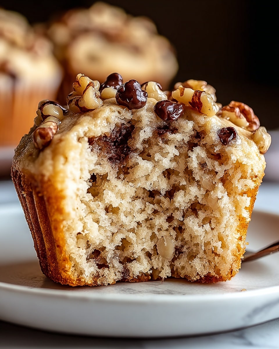 A close-up view of a half-eaten muffin resting on a white plate, showing three main layers: the bottom layer is a light golden-brown baked crust, the thick middle layer is soft and fluffy with a light beige color filled with small dark chocolate chips throughout, and the top layer is a slightly darker golden brown topped with whole glossy walnuts and scattered chocolate chips. The muffin texture looks moist and crumbly, with the nuts adding a crunchy contrast on top. The background is softly blurred with a white marbled texture under the plate. photo taken with an iphone --ar 4:5 --v 7