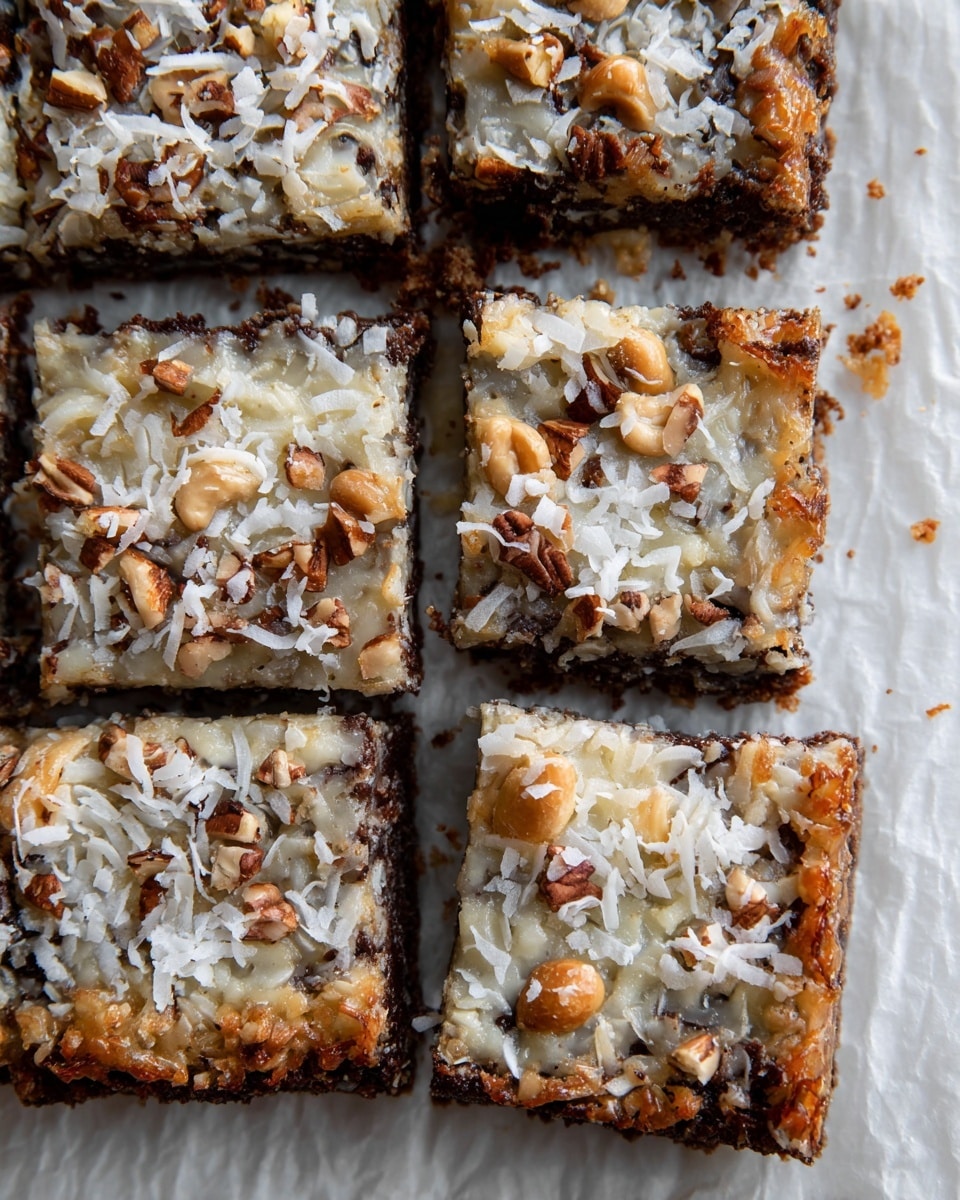 The image shows a close-up of six square dessert bars arranged in two rows of three, placed on white parchment paper over a white marbled surface. Each bar has three visible layers: the bottom layer is a dark brown, chocolatey crust; the middle layer is lighter and slightly gooey; the top layer is covered with melted white coconut flakes and pieces of mixed nuts including cashews and pecans, giving it a textured and crunchy look. The bars are cut evenly with clean edges, and the surface around them has a few crumbs and sticky spots, adding a homemade feel. photo taken with an iphone --ar 4:5 --v 7