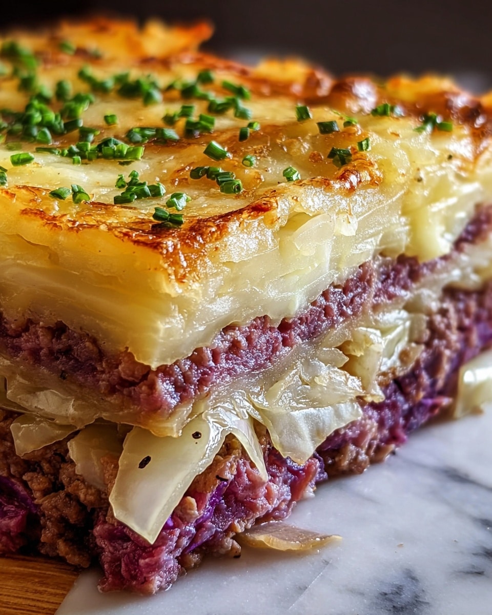 A close-up view of a square slice showing four distinct layers: the bottom layer is a dense, coarse-textured purple meat; above it is a lightly cooked, translucent layer of cabbage with some black pepper specks; next is a smooth, creamy pale yellow cheese layer; and the top layer is a golden-brown melted cheese crust with some small green herb pieces scattered on top. The slice rests on a white marbled surface, highlighting the vibrant colors and textures of the dish. photo taken with an iphone --ar 4:5 --v 7