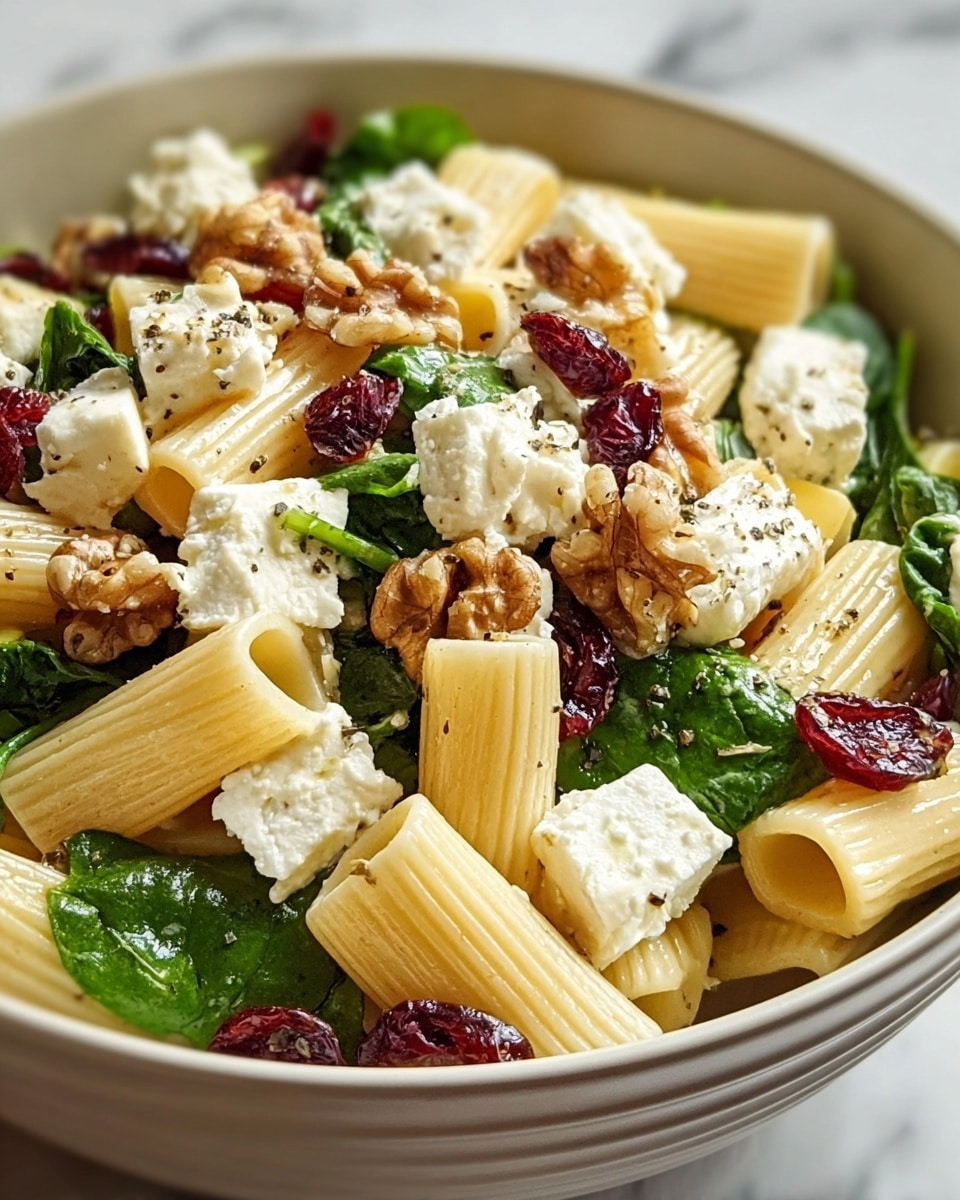 A close-up view of a pasta salad served in a white bowl with subtle ridges on the outside. The base layer consists of pale yellow rigatoni pasta tubes scattered throughout. Interspersed among the pasta are bright green spinach leaves adding a fresh touch. White chunks of soft feta cheese are spread over the top, some pieces sprinkled with black pepper. Dark red dried cranberries and light brown walnut halves are spread evenly over the dish, giving a mix of colors and textures on every layer. The bowl sits on a white marbled surface. photo taken with an iphone --ar 4:5 --v 7