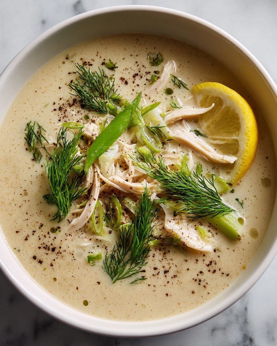 A close-up of a creamy soup served in a white bowl, filled with pale beige broth containing small thin strips of white chicken pieces and some translucent vegetable bits. On top, two green sprigs of fresh dill sit near the center, sprinkled with coarse black pepper, and a bright yellow lemon slice rests on the edge, adding a splash of color. The bowl is placed on a white marbled surface. photo taken with an iphone --ar 4:5 --v 7