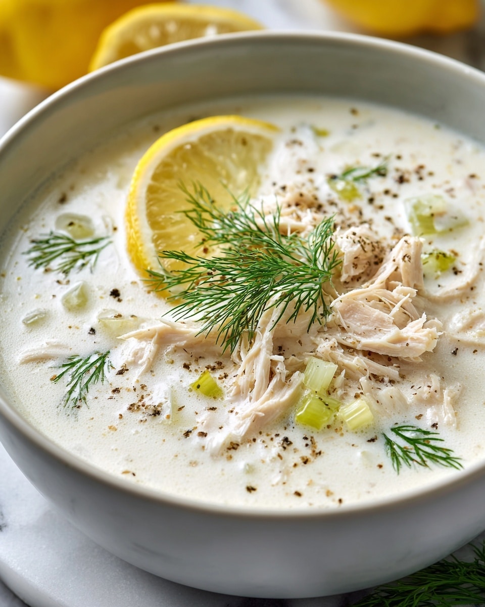 A close-up view of creamy white soup served in a white bowl with a smooth texture, featuring soft shredded pieces of light beige chicken spread evenly throughout. Small pale green bits of celery are mixed in, adding slight contrast within the broth. On top, there is a bright yellow lemon slice placed near the bowl’s edge and a few sprigs of fresh green dill arranged at the center. The surface of the soup is lightly sprinkled with coarse black pepper, enhancing the visual texture. The bowl rests against a white marbled surface with blurred hints of yellow lemons in the background. photo taken with an iphone --ar 4:5 --v 7