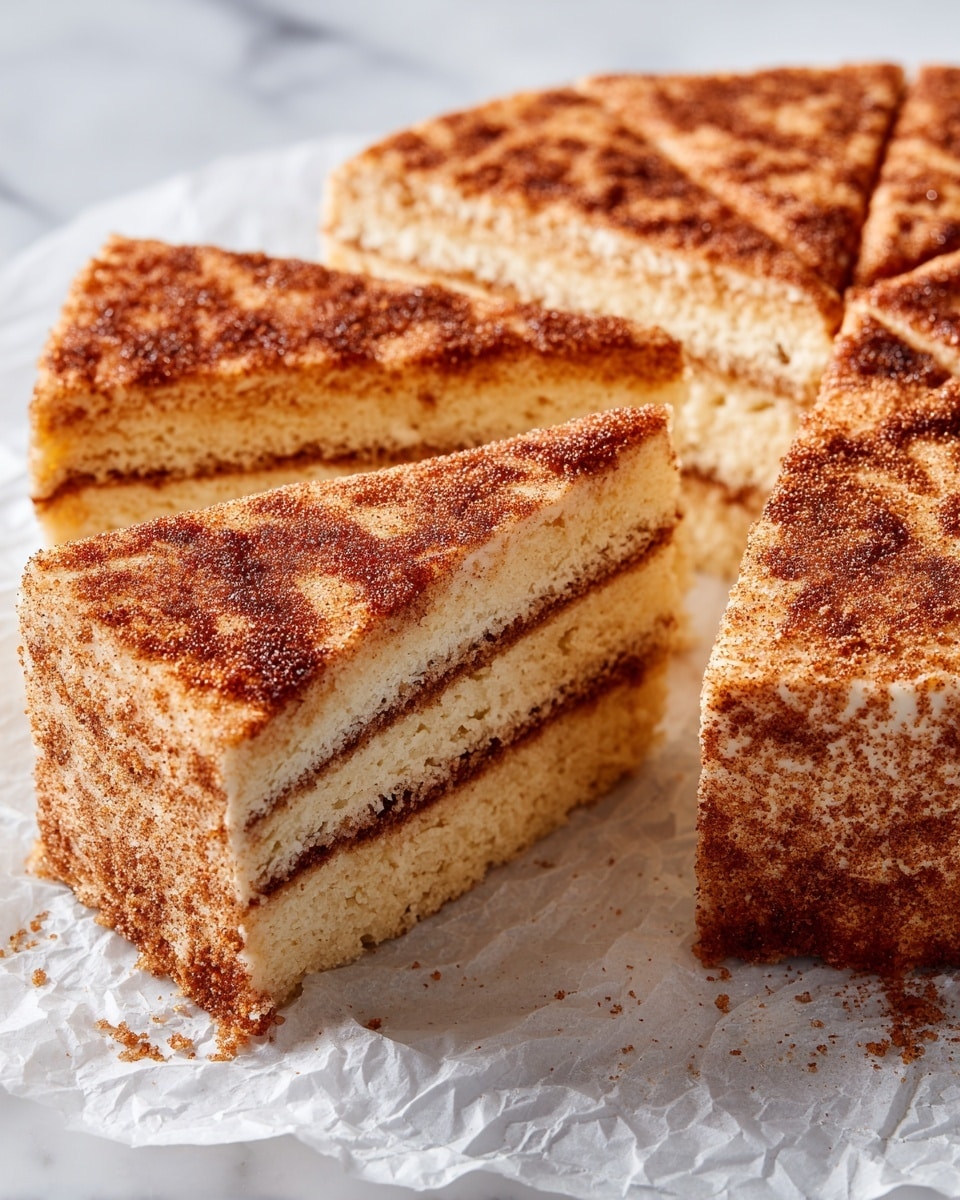 A close-up image shows a round cake cut into four triangular slices resting on crinkled white parchment paper over a white marbled surface. The cake has about three thick layers of light beige, soft, spongy texture with darker brown swirls throughout each slice. The top is covered with a crispy cinnamon sugar crust that sparkles slightly in the light, with an uneven, textured surface. The edges of the slices are smooth but with a slight crumbly finish, highlighting the moist interior layers. Photo taken with an iphone --ar 4:5 --v 7
