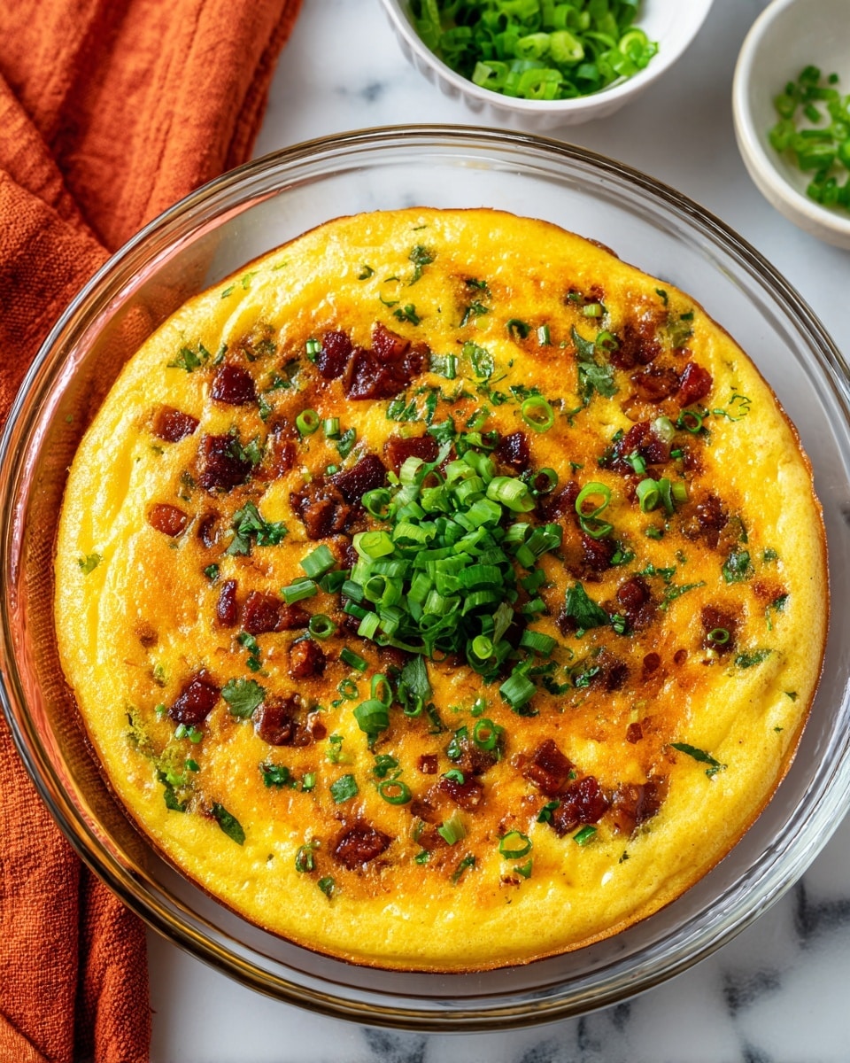 A round, cooked egg dish sits in a clear glass bowl, about one layer thick with a smooth, slightly browned edge. The yellow egg base is mixed evenly with small chunks of reddish-brown meat and green herbs spread throughout. On top in the center, there is a small pile of chopped bright green onions. The bowl is placed on a white marbled surface with some green onions in a white bowl and an orange cloth in the background. Photo taken with an iphone --ar 4:5 --v 7