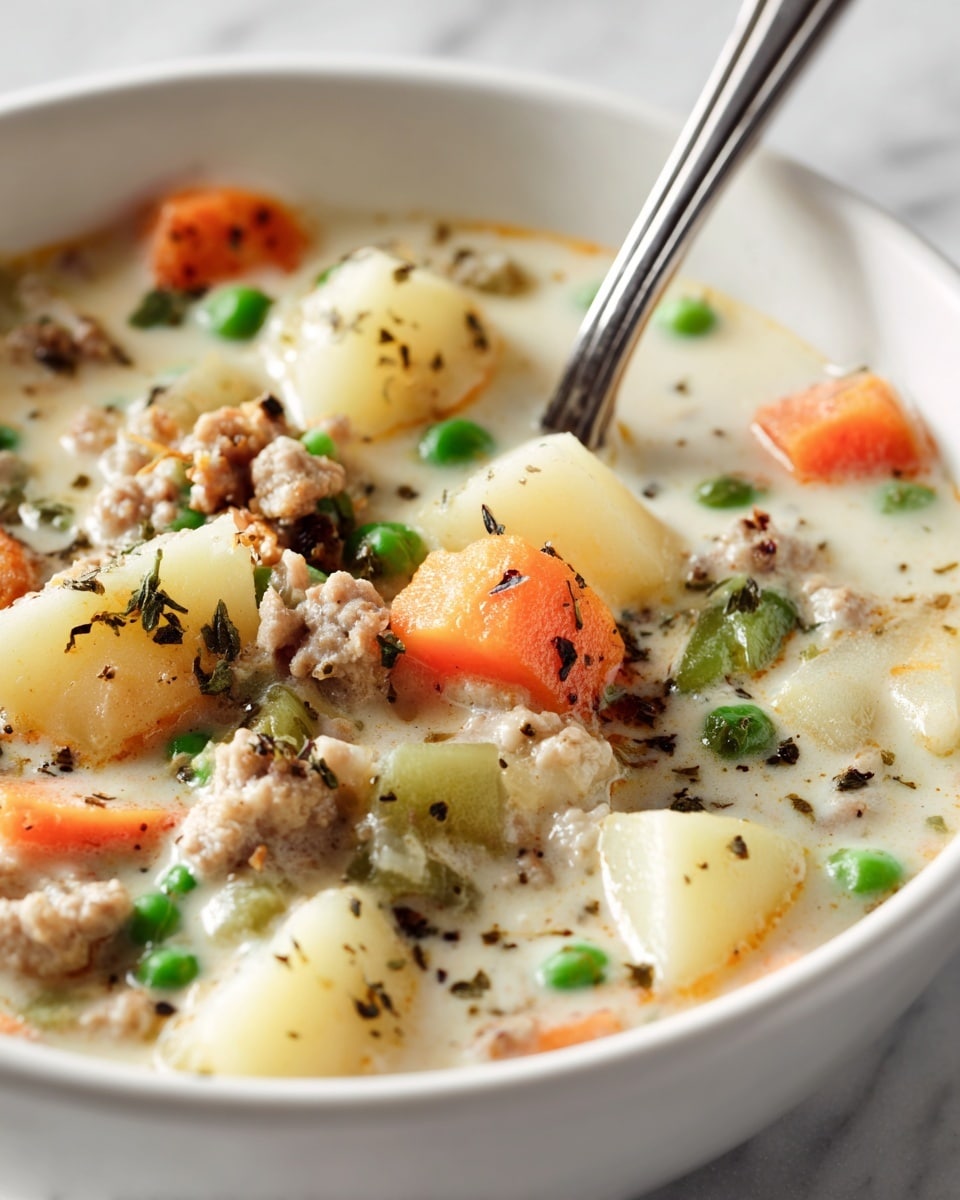 A white bowl filled with creamy soup showing a close mix of ingredients in a thick broth. The soup has soft orange carrot cubes, bright green peas, pale yellow potato chunks, and small pieces of cooked ground meat scattered throughout. The creamy broth is light beige with a slightly oily surface, speckled with small black herbs and pepper bits. A silver spoon dips into the soup from the right side of the bowl. The bowl sits on a white marbled surface. photo taken with an iphone --ar 4:5 --v 7