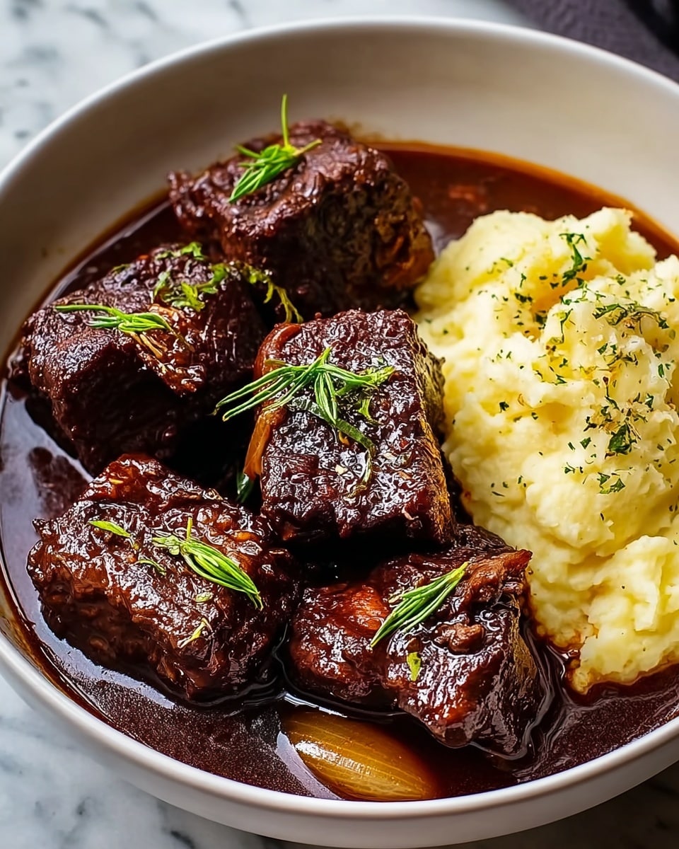The dish shows three thick pieces of dark brown braised beef placed on top of a smooth, creamy mound of light yellow mashed potatoes in a white bowl. The beef is shiny with sauce and small pieces of cooked garlic, sprinkled with fresh green herbs. Dark brown sauce pools around the mashed potatoes, covering the bottom of the bowl. The white bowl rests on a surface with a white marbled texture. photo taken with an iphone --ar 4:5 --v 7