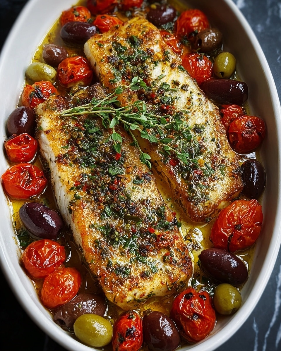 Two golden-brown grilled fish fillets lie in the center of a white oval dish, each fillet showing a slightly crispy, textured surface with small green herb sprinkles on top. Surrounding the fish are bright red roasted cherry tomatoes, some slightly burst, mixed with shiny green and dark purple olives, all coated in a light oil glaze. Fresh green herb sprigs rest on the fish, adding a touch of freshness. The dish has a warm, rich look with a mix of vibrant colors, placed on a white marbled surface. photo taken with an iphone --ar 4:5 --v 7