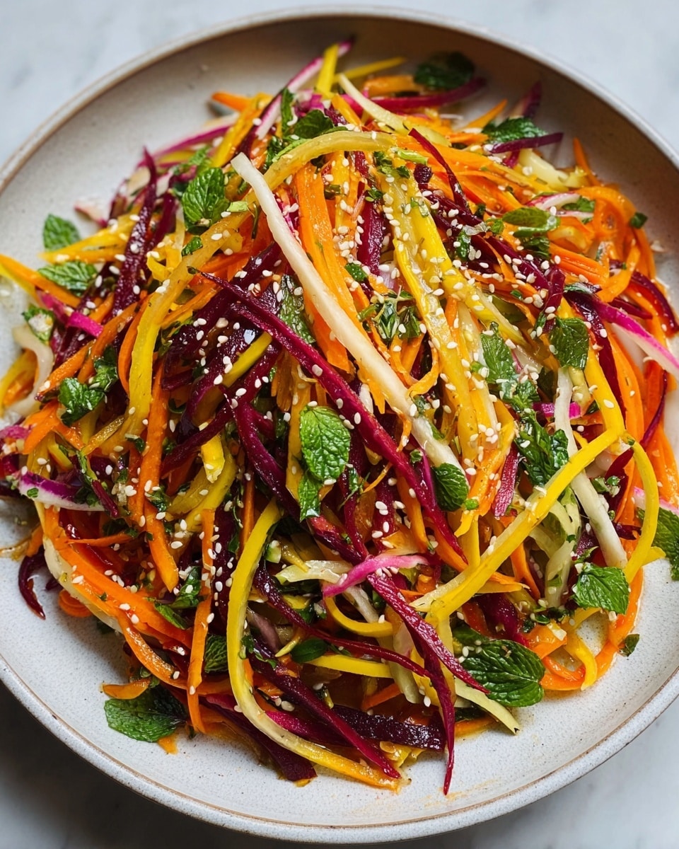 A large round white plate holds a colorful salad made of thin, long strips of orange carrots, yellow and purple beets, and white radish. Scattered throughout the salad are fresh green mint leaves, adding bright green patches. The salad is topped with small white sesame seeds sprinkled evenly over the top. The colors and textures create a fresh, crunchy look with a mix of smooth, shiny vegetables and soft leafy greens. The plate rests on a white marbled surface. photo taken with an iphone --ar 4:5 --v 7