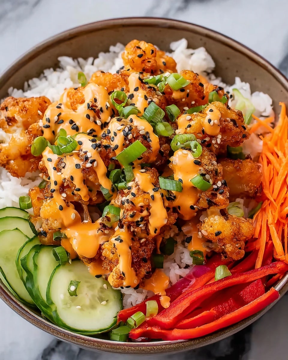 A white bowl filled with a base layer of fluffy white rice, topped with golden brown crispy cauliflower pieces drizzled with a bright orange creamy sauce. The cauliflower is sprinkled with black and white sesame seeds and finely chopped green onions. Around the cauliflower, there are thin slices of green cucumber, shredded orange carrots, and some thin red pepper strips arranged neatly. The bowl sits on a white marbled surface. photo taken with an iphone --ar 4:5 --v 7