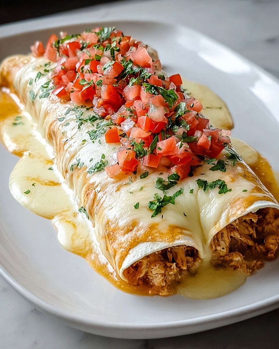 A rolled tortilla filled with shredded chicken and sauce is placed on a white plate. The top of the rolled tortilla is covered in melted, creamy white cheese with a slightly golden tint, spreading down the sides and pooling a little on the plate. On top of the melted cheese, there is a heap of finely chopped bright red tomatoes mixed with green cilantro, adding fresh color. The white plate sits on a white marbled surface that softly reflects light. photo taken with an iphone --ar 4:5 --v 7