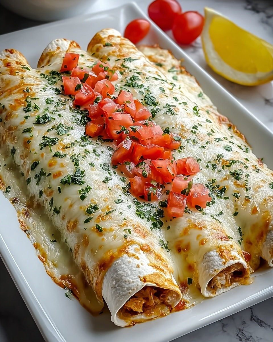 Three rolled tortillas filled with a mixture, placed side by side on a white rectangular plate over a white marbled texture surface. The tortillas are covered with a thick layer of melted white and light yellow cheese that spreads beyond the edges, showing some browned bubbling spots. On top of the cheese, finely chopped green herbs are sprinkled evenly, and there is a neat line of diced red tomatoes running along the center of the dish. In the background to the right, there are small round red cherry tomatoes and a wedge of yellow lemon resting on the plate. Photo taken with an iphone --ar 4:5 --v 7