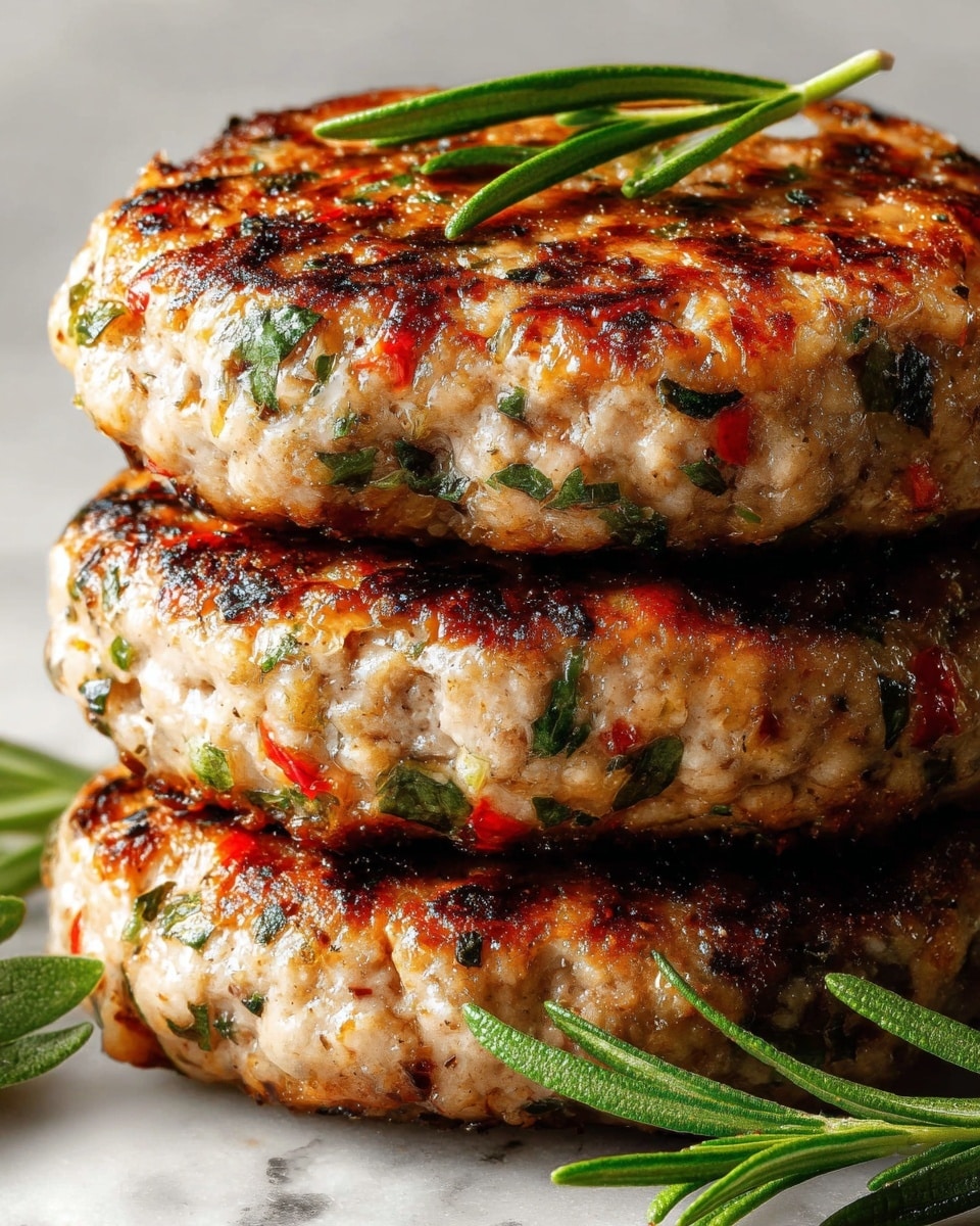 Three thick patties stacked on top of each other, each patty showing a mix of beige ground meat with green, red, and darker specks of herbs and peppers inside. The patties have a golden-brown, slightly charred surface with crispy edges, and fresh green rosemary sprigs are placed on and around the stack. The background is a white marbled texture. photo taken with an iphone --ar 4:5 --v 7