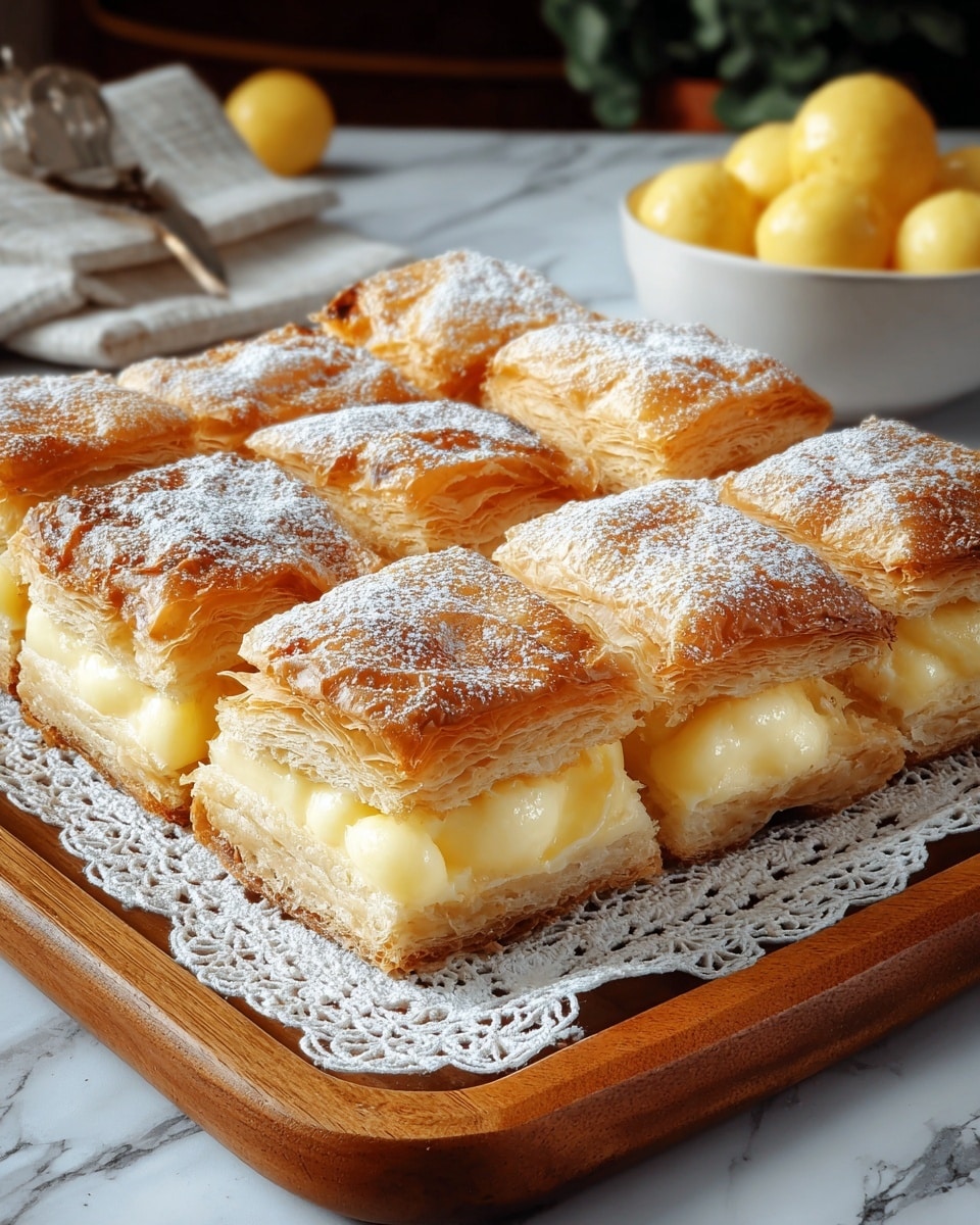 A tray of nine square pastries arranged in a 3x3 grid with a golden brown top layer that is puffed and slightly cracked, dusted lightly with white powdered sugar. Each pastry square has two layered sections: a crispy puff pastry top and bottom with a thick, creamy pale yellow custard filling visible between the layers. The tray rests on a lace doily over a wooden board on a white marbled surface. In the background, there is a white bowl filled with small round yellow pastries, blurred slightly. Photo taken with an iphone --ar 4:5 --v 7