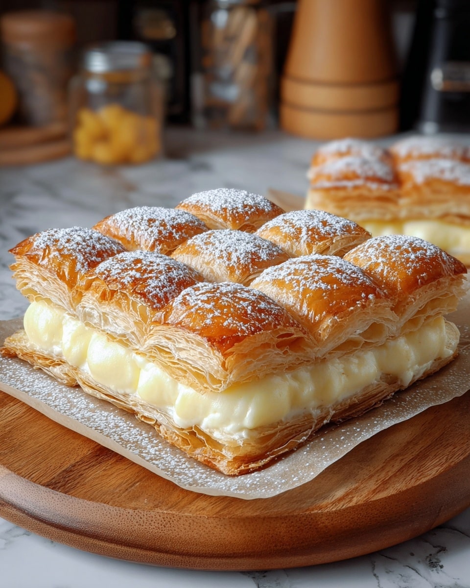 The image shows a square-shaped pastry with a grid pattern on top, consisting of 16 golden-brown puff pastry squares dusted with powdered sugar. The pastry has two thick layers, with the top layer being the puff pastry squares that are crisp and flaky, and the bottom layer filled with a thick, creamy white custard that looks smooth and luscious. The entire piece sits on a piece of parchment paper on a round wooden board, placed on a white marbled surface, with blurred kitchen items in the background. Photo taken with an iphone --ar 4:5 --v 7