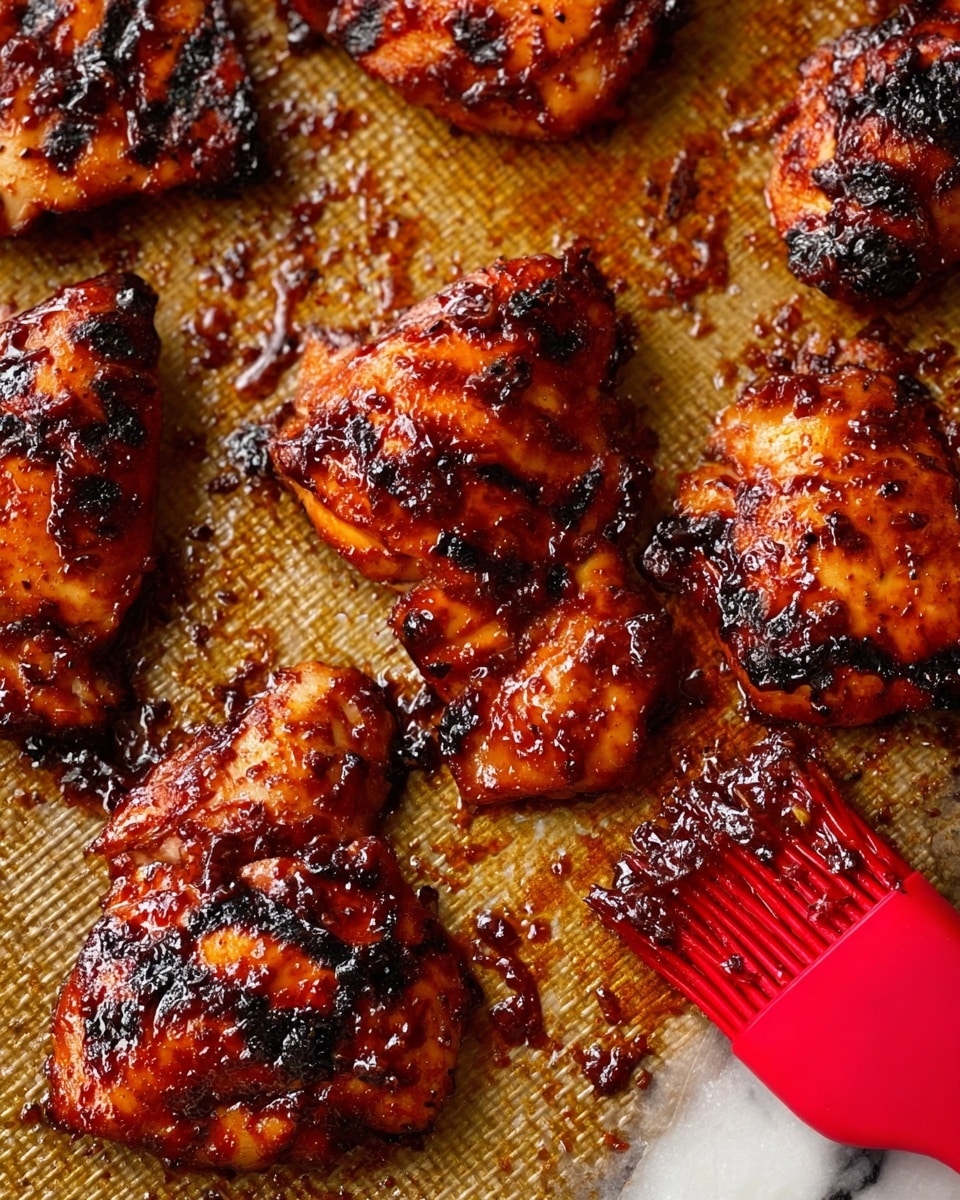The image shows several pieces of grilled chicken thighs with a shiny, dark reddish-brown glaze and charred spots on each piece, giving them a slightly crispy texture. The chicken pieces are arranged spread out on a textured cooking mat with a golden-brown oily surface, and there are small bits of caramelized sauce scattered around. A red silicone basting brush lies on the right side, partially in the frame. The background is a white marbled texture. photo taken with an iphone --ar 4:5 --v 7