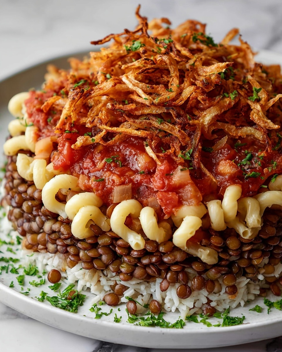 A dish with four clear layers is shown on a white plate set on a white marbled surface. The bottom layer is soft white rice mixed with brown lentils scattered throughout. Above this is a thick layer of whole brown lentils, creating a dense dark brown ring. The third layer is curly, pale yellow macaroni pasta sitting on top of the lentils. On top of the pasta is a chunky red tomato sauce with visible whole chickpeas mixed in. The final top layer is a generous pile of thin, golden-brown fried onions sprinkled with small bits of green herbs, creating a crispy texture contrast. photo taken with an iphone --ar 4:5 --v 7