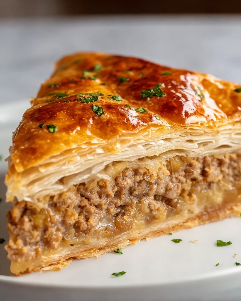 A close-up of a single slice of meat pie on a white plate, showing a shiny, golden brown top crust sprinkled with small green herbs, with multiple flaky, light beige layers of puff pastry beneath it. The middle layer is a thick filling of finely ground cooked meat mixed with small bits of onions, displaying a slightly crumbly texture and a rich brown color. The base layer is flaky pastry, holding the filling together neatly, all set against a white marbled surface in soft lighting. Photo taken with an iphone --ar 4:5 --v 7