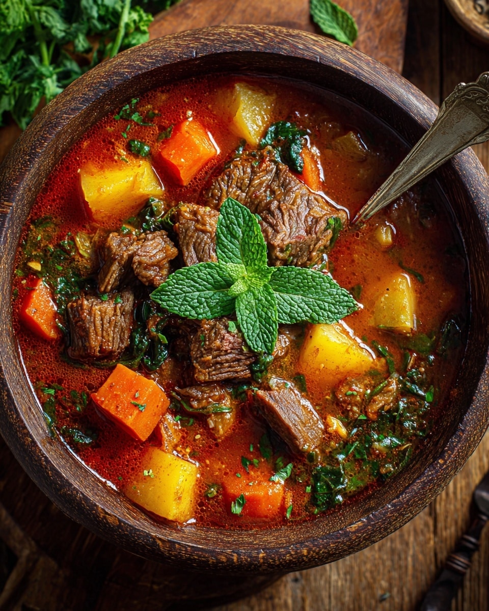 A round dark wooden bowl filled with a rich stew showing three main layers: large chunks of brown beef pieces, bright orange carrot cubes, and yellow potato cubes mixed throughout a thick red-orange broth. Dark green leafy herbs are scattered inside the stew and a fresh green mint sprig sits in the center on top. A silver spoon is partially submerged on the right side of the bowl. The bowl is placed on a wooden surface with some green herbs lying in the background. photo taken with an iphone --ar 4:5 --v 7