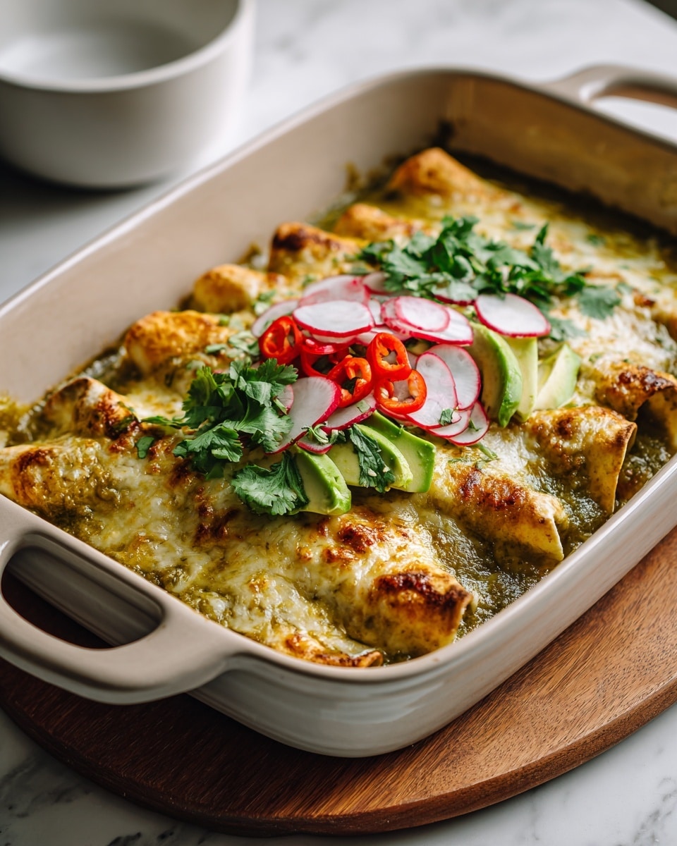The image shows a white ceramic baking dish filled with four golden-brown rolled enchiladas covered in melted cheese and green salsa, giving a slightly chunky sauce texture over the top. On the center of the enchiladas, there is a colorful layer of thinly sliced radishes, red chili pieces, fresh green cilantro leaves, and slices of avocado, adding a fresh vibrant touch. The dish sits on a round wooden board, placed on a white marbled surface with a blurred white bowl in the background. photo taken with an iphone --ar 4:5 --v 7