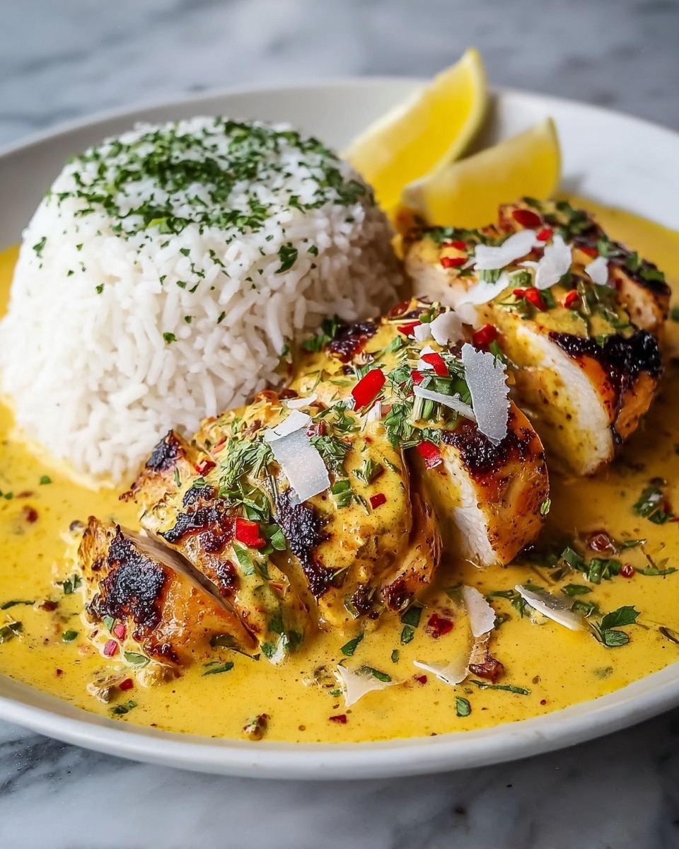 A white plate holds a serving of grilled chicken breast sliced into three thick pieces, covered with a thick, creamy yellow curry sauce dotted with red and green herbs. The chicken has a charred, slightly crispy surface with black grill marks. The curry sauce pools generously around the chicken and is garnished with small green herb leaves and white coconut flakes. On the right side of the plate, a mound of white rice shaped in a smooth round dome is topped with finely chopped green herbs. Two lemon wedges sit beside the rice in the sauce, adding a bright yellow color. All this is placed on a white marbled texture surface. Photo taken with an iphone --ar 4:5 --v 7