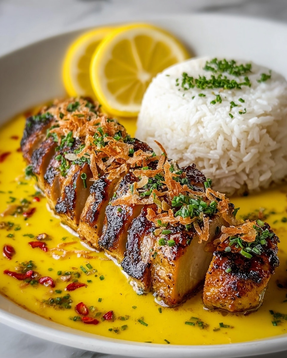 The dish shows five thick slices of golden brown grilled meat lined up side by side, with a slightly charred surface and sprinkled with green herbs and thin toasted flakes on top. They sit in a shallow pool of bright yellow sauce with green and red flakes scattered throughout. Behind the meat, a neat dome of white rice garnished with small green herbs is placed. Two wedges of bright yellow lemon are positioned behind the rice. All items are served on a white plate resting on a white marbled surface. Photo taken with an iphone --ar 4:5 --v 7