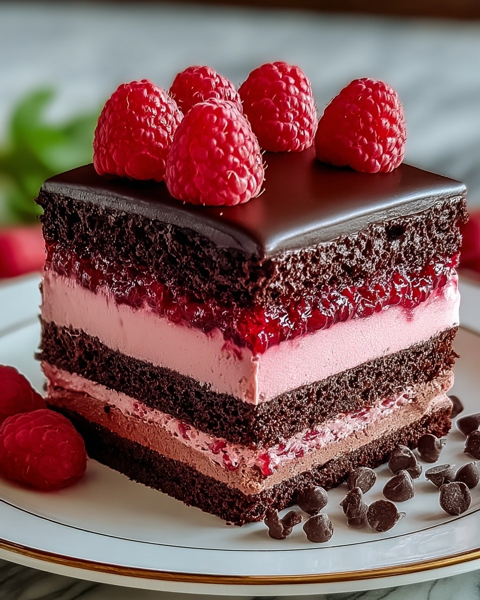 A square slice of layered chocolate raspberry cake with five distinct layers sits on a white plate with a gold rim. From bottom to top, the first layer is a dark, moist chocolate cake, followed by a thin dark jam-like layer. Above this is a thick smooth pink raspberry cream layer, topped with a slightly chunky bright red raspberry filling that looks juicy. Above this is another dark, crumbly chocolate cake layer, and the top is a glossy, smooth dark chocolate ganache. Seven fresh raspberries are placed on top, and scattered dark chocolate chips surround the cake on the plate. The image background has a soft white marbled texture. Photo taken with an iphone --ar 4:5 --v 7