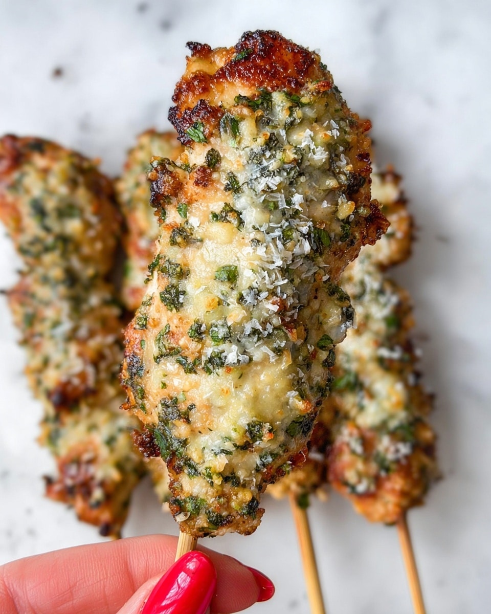 The image shows a close-up of a skewer holding a piece of breaded and baked or fried chicken covered with a textured topping of finely chopped green herbs, melted pale yellow cheese, and white grated cheese sprinkled on top. Behind this skewer, there are three more skewers of the same type arranged parallel on a white marbled surface, slightly out of focus. The chicken is golden brown with some darker crispy spots, and the woman's hand holding the skewer has red nail polish, adding a pop of color to the scene. photo taken with an iphone --ar 4:5 --v 7