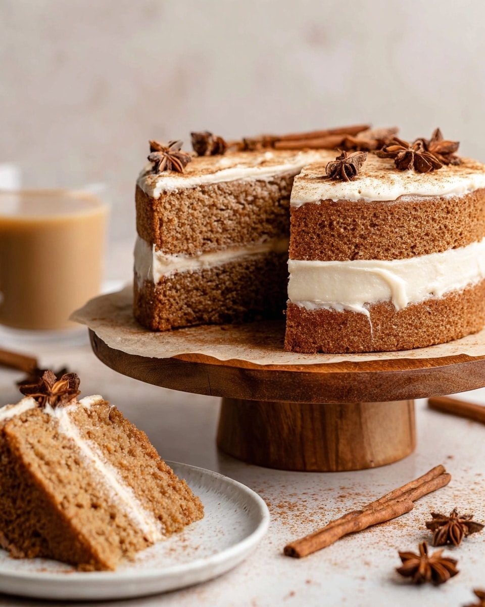 The image shows a two-layer light brown cake with a creamy white frosting layer between and on top. The cake texture looks soft and moist, and the frosting is smooth and thick. The top is lightly dusted with a brown powder and decorated with whole cinnamon sticks and star anise pieces. The cake stands on a wooden cake stand with a sheet of brown parchment paper underneath. In the foreground, there is a white plate with a slice of the same cake, showing the layers clearly. Around the cake and plate are scattered cinnamon sticks and star anise on a white marbled surface, with a glass of light brown drink blurred in the background. photo taken with an iphone --ar 4:5 --v 7