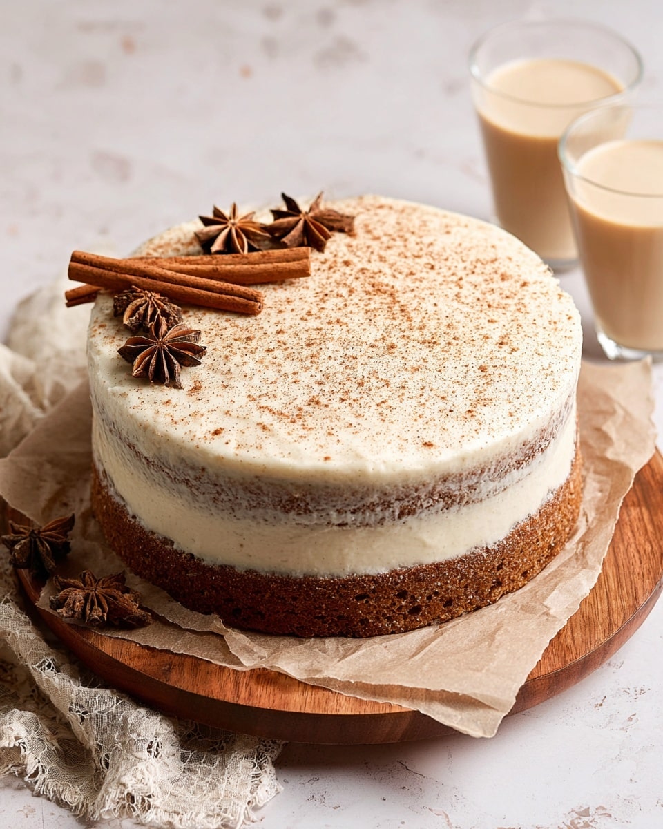 A two-layer round cake with light brown sponge visible through a thin, creamy off-white frosting, topped with a dusting of cinnamon powder mostly on one side. Two cinnamon sticks and six star anise are arranged gently on the top near the edge. The cake sits on brown parchment paper placed on a wooden round board, all set against a white marbled texture. In the background, two small clear glasses filled with a light beige drink are seen on the right side. Photo taken with an iphone --ar 4:5 --v 7