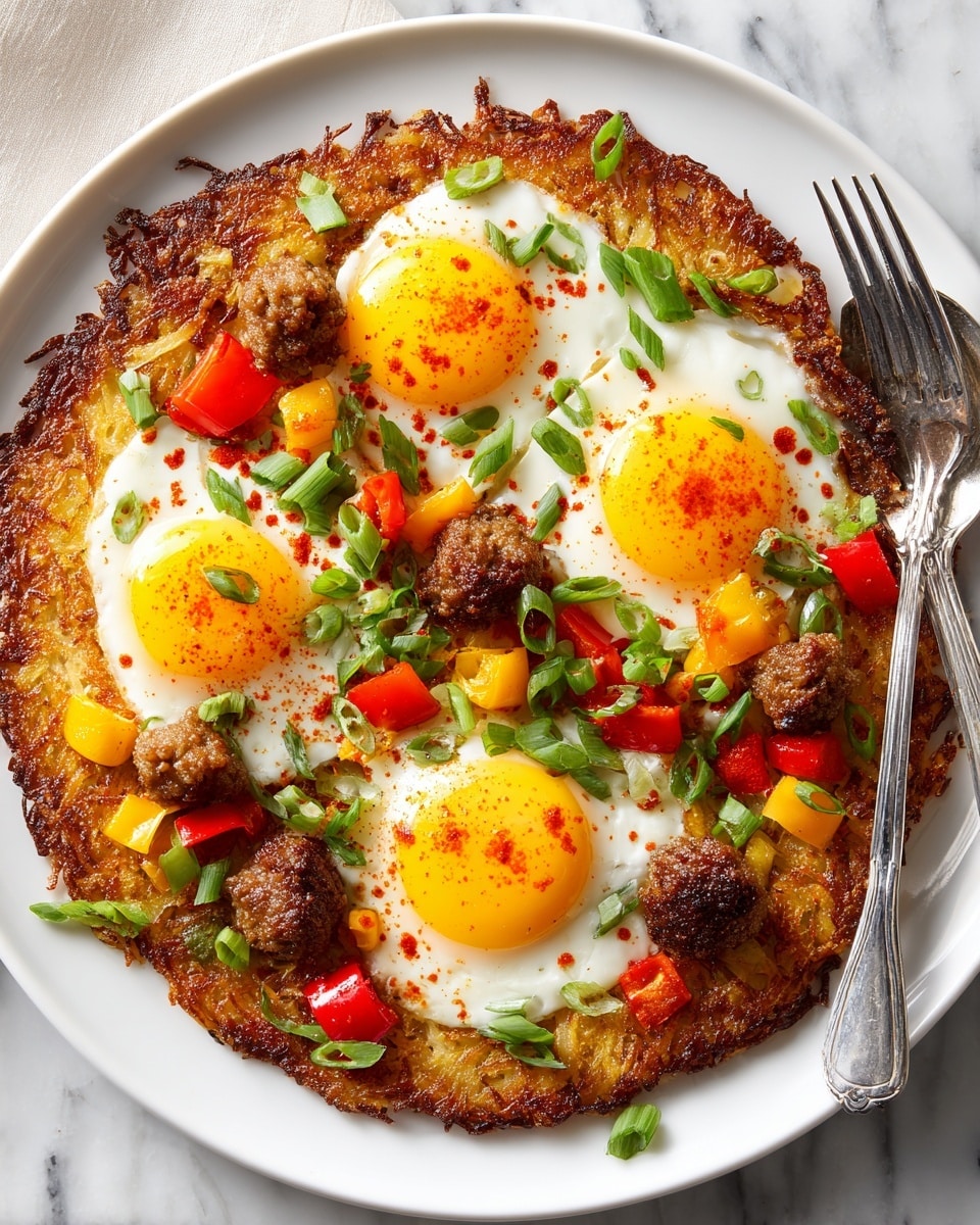 A white plate holds a crispy golden-brown hash brown crust as the base layer, topped with three sunny-side-up eggs, each with bright yellow yolks and slightly cooked white edges. Scattered on top are browned crumbles of sausage and small cubes of red and yellow bell peppers. Fresh green chopped scallions are sprinkled all over, adding vibrant green color. A light dusting of paprika or chili powder is visible on the egg yolks, giving a touch of red contrast. The plate sits on a white marbled textured surface with a shiny fork and spoon resting beside it. Photo taken with an iphone --ar 4:5 --v 7