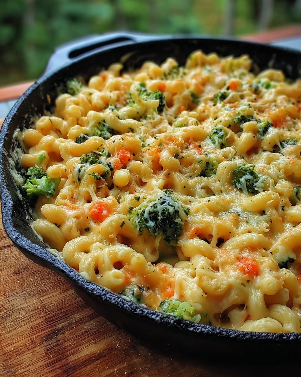 A close-up view of a black cast iron pan filled with creamy macaroni and cheese mixed with broccoli and small diced carrots, the macaroni is soft and yellow coated in melted cheese, the green broccoli pieces and bright orange carrots are scattered throughout, melted cheese strands are visible on top with a slightly golden crust in some areas, the pan is placed on a wooden board with a blurred outdoor view in the background replaced by a white marbled texture photo taken with an iphone --ar 4:5 --v 7