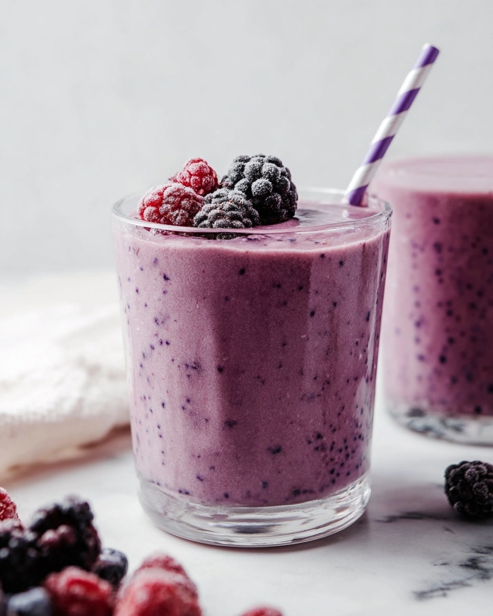 A clear glass filled with a thick, creamy purple smoothie with small dark berry specks throughout. The smoothie reaches the rim and slightly overflows down one side. On top, there are a few frozen blackberries and raspberries adding a textured, frosty look. A purple and white striped paper straw is placed in the smoothie on the right side. The glass sits on a white marbled surface, with more frozen berries blurred in the foreground at the bottom left and a second glass partially visible on the right side. Photo taken with an iphone --ar 4:5 --v 7