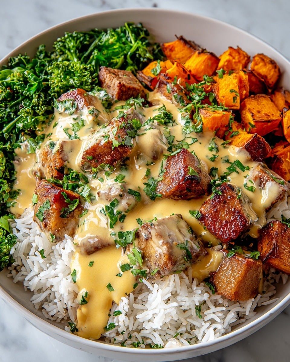 A white bowl filled with a base layer of fluffy white rice, topped by two different sections: one side has bright orange roasted cubes with a slightly crispy texture, while the other side features golden-brown grilled pieces covered with a creamy brown sauce sprinkled with finely chopped green herbs. Next to the grilled pieces is a small pile of vibrant green steamed broccolini with a fresh look. The bowl sits on a white marbled surface. photo taken with an iphone --ar 4:5 --v 7