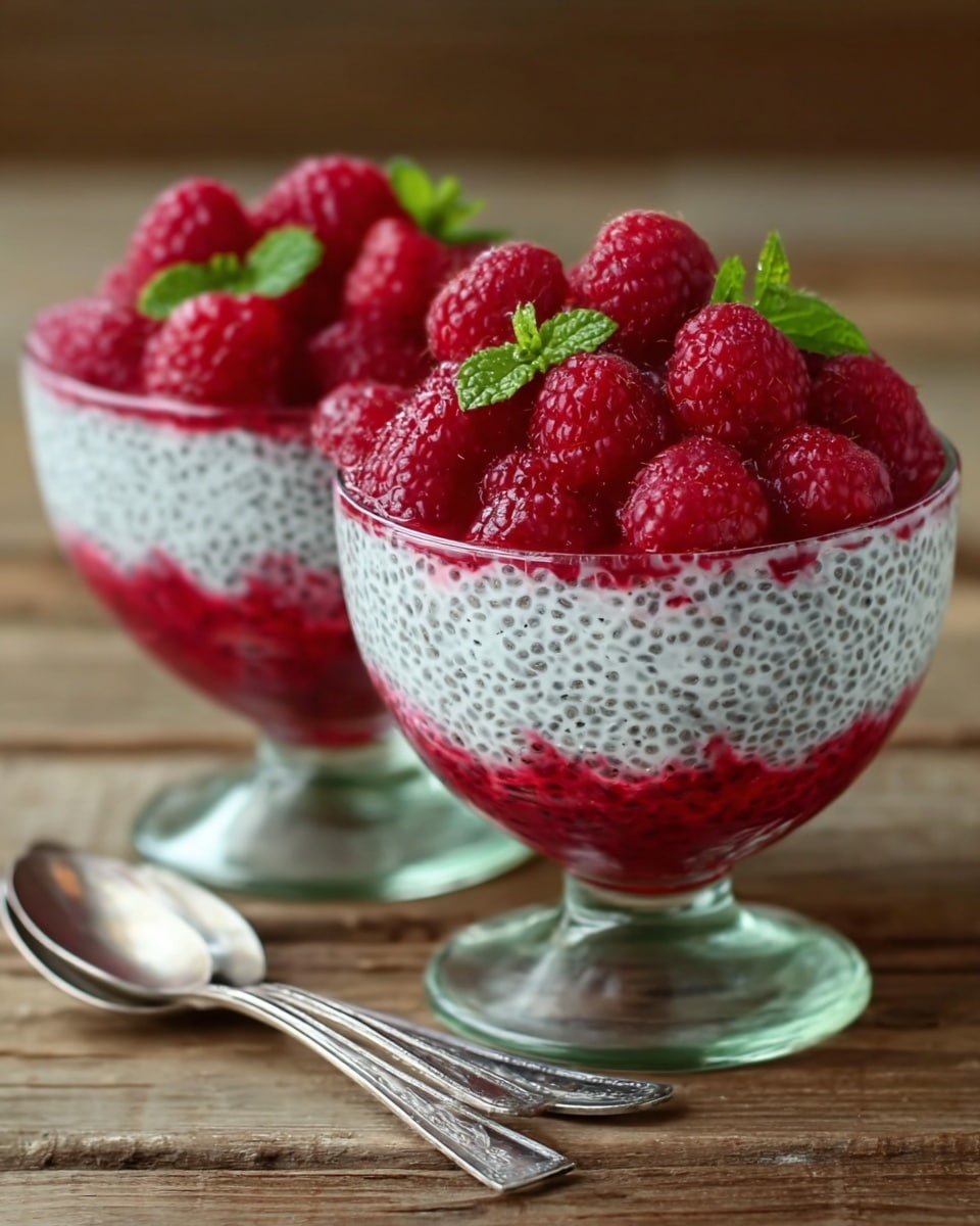 Two glass dessert cups are filled with three clear layers: the bottom layer is a bright red raspberry puree with a smooth texture, the middle layer is a white chia seed pudding dotted with tiny black chia seeds giving a speckled look, and the top layer is made of fresh whole raspberries that are bright red and plump, garnished with small green mint leaves. The cups stand on a wooden surface with two silver spoons laying beside them. The overall look is fresh, creamy, and colorful. Photo taken with an iphone --ar 4:5 --v 7