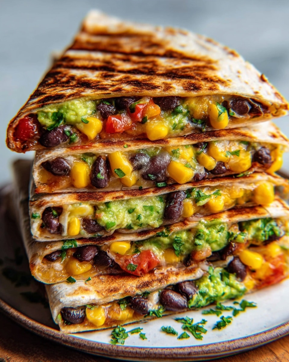 The image shows a stack of four grilled quesadilla triangles on a white plate with a white marbled background. Each quesadilla has a crispy, golden-brown outer tortilla layer with grill marks. Inside, the layers are filled with black beans, bright yellow corn, green guacamole, melted cheese, red tomato pieces, and bits of fresh green cilantro. The different fillings peek out from the folded edges, showing vibrant colors and creamy, chunky textures. The stack is slightly leaning, showing all the layers clearly. photo taken with an iphone --ar 4:5 --v 7
