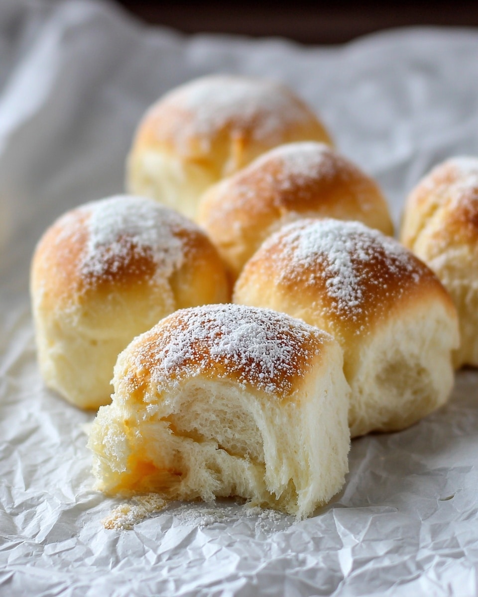 Six small, soft bread rolls are placed closely on crumpled white parchment paper. Each roll has a golden-brown top sprinkled lightly with white powdered sugar. The rolls show a fluffy and airy texture, with one roll partially pulled apart, revealing the soft inside layers. The background is simple and blurred, focusing attention on the bread rolls. photo taken with an iphone --ar 4:5 --v 7
