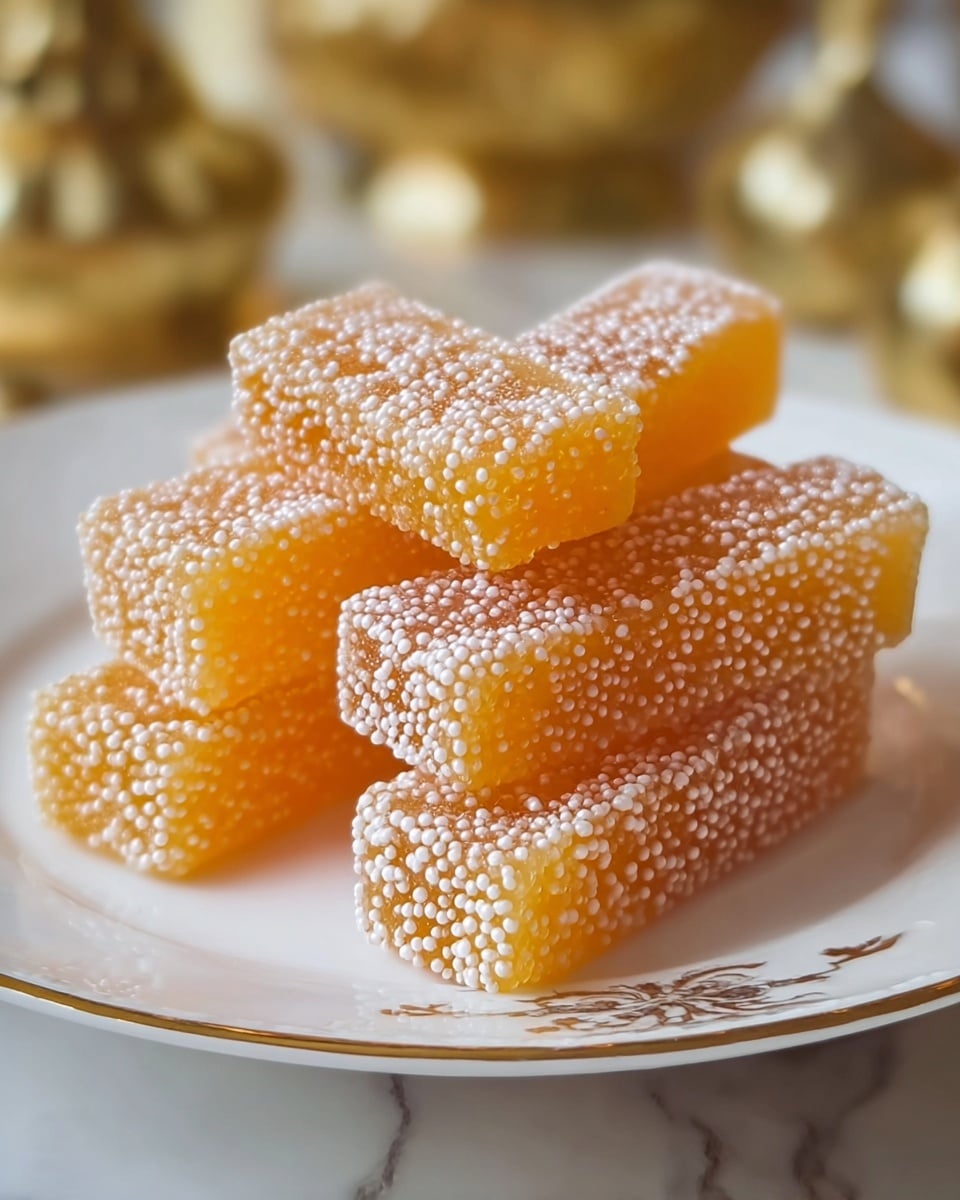 The image shows a stack of rectangular orange-yellow jelly candies covered with tiny white sugar beads. There are two layers of the candies arranged in a crisscross pile on a white plate with a fine gold rim and delicate gold design near the edges. The candies have a smooth, translucent texture and are coated evenly with the small white sugar dots. The background has a soft blur with hints of gold objects and a white marbled texture. photo taken with an iphone --ar 4:5 --v 7