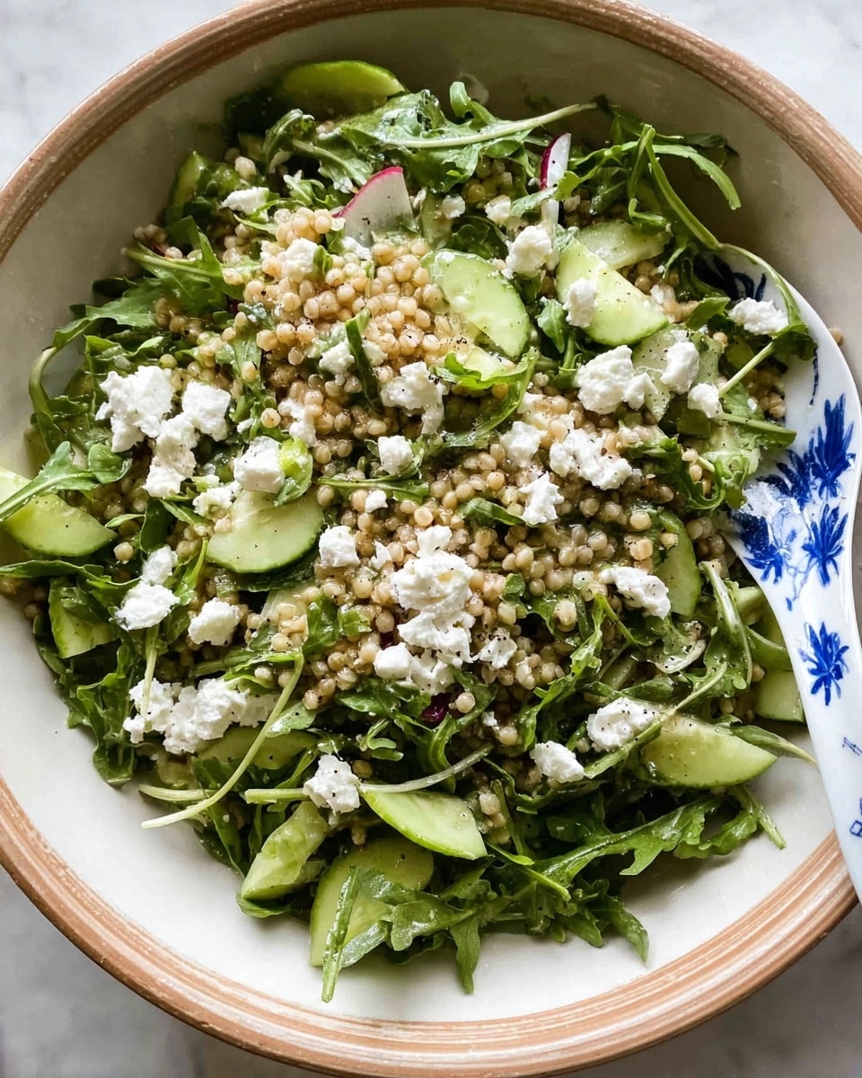 This image shows a fresh salad served in a large white bowl with a light brown rim. The salad has three main layers: the bottom layer is a bed of bright green arugula leaves with their thin, textured stems. On top of the arugula are small, round, pale beige grains that look soft and slightly chewy. Scattered throughout the salad are thin slices of light green cucumber adding a smooth texture. The top layer consists of crumbled white cheese evenly spread across the salad, adding a crumbly, soft texture contrast. The salad appears lightly seasoned with visible black pepper specks. On the right side inside the bowl, part of a white spoon with a blue floral pattern is visible, resting among the salad. The bowl is set against a white marbled surface photo taken with an iphone --ar 4:5 --v 7