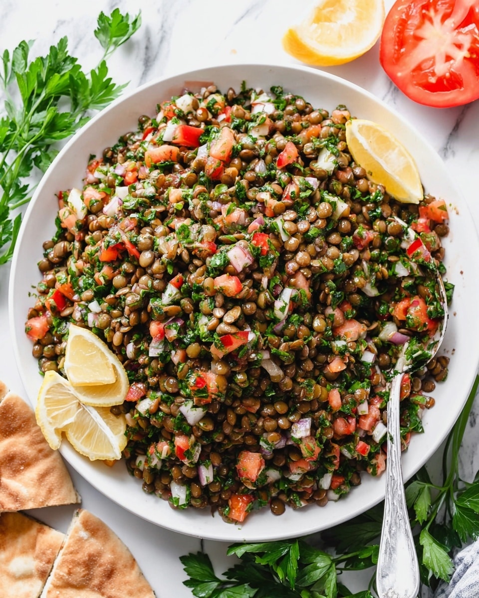 A large white plate filled with a colorful lentil salad made of small brown lentils, bright green chopped parsley, diced red tomatoes, and small pieces of white onion mixed evenly. The salad shows a fresh, slightly wet texture, glistening under soft light. Around the plate, there are wedges of lemon, fresh green parsley, a whole red tomato, and pieces of flatbread. The whole scene is set on a white marbled surface with a silver spoon resting inside the salad. photo taken with an iphone --ar 4:5 --v 7