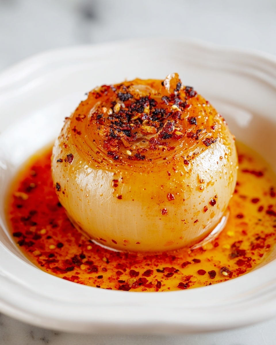 A single cooked onion sits on a white plate with a white marbled surface beneath, its layers soft and translucent, forming a smooth, round mound about three layers thick. The onion is coated evenly with a glistening layer of orange-red oil infused with visible granules of spices, including black and red pepper flakes, spreading around its base like a small, vibrant pool. The texture of the onion is tender, with some slight caramelization visible on top where a few layers curl inward, showing a darker, rich spice-coated center. The light reflects softly on the oily surface, highlighting the contrast between the pale onion and the fiery colored oil and spices. photo taken with an iphone --ar 4:5 --v 7
