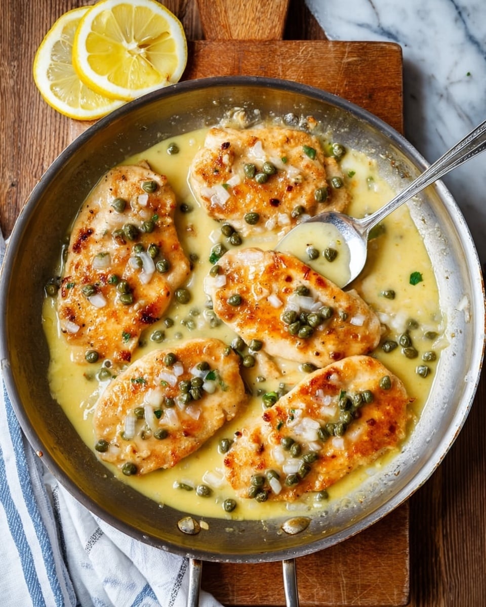 The image shows a metal pan filled with five pieces of cooked chicken, browned on the edges and covered with a creamy light yellow sauce. Small green capers and some white chopped onions are scattered evenly over the chicken. The chicken sits in the sauce, which looks smooth and slightly thick. A metal spoon is partially visible, lifting one piece from the pan. The pan rests on a wooden surface with a white marbled texture, with a white and blue striped cloth nearby. There are also three lemon slices on the side, showing bright yellow color and juicy texture. Photo taken with an iphone --ar 4:5 --v 7