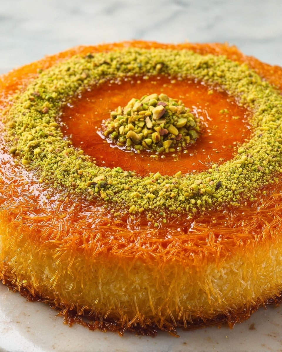 A golden brown crispy cake with a shiny, syrupy orange center sits on a white marbled surface. The cake has two visible layers: the top layer is covered by a ring of finely crushed green pistachios, with an additional small pile of pistachios in the center. The outer edges of the cake show a crispy texture made from thin, crunchy strands. The colors contrast between the warm orange syrup and the pale green nuts, giving it a rich and inviting look. Photo taken with an iphone --ar 4:5 --v 7