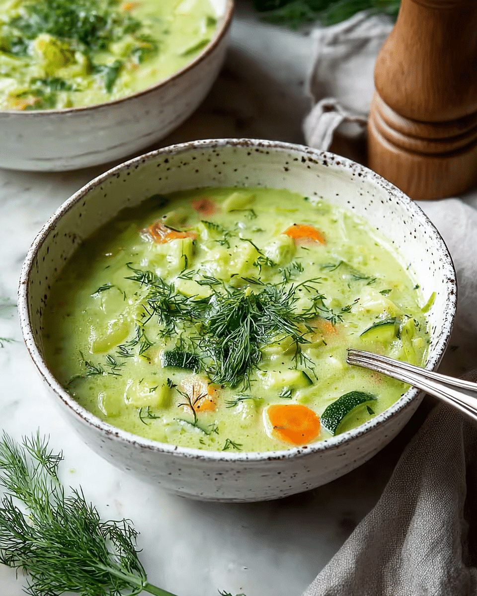A white speckled bowl filled with creamy green soup sits on a white marbled surface, the soup having a smooth texture mixed with visible chunks of light green zucchini and orange carrot slices. The top is garnished with fresh, bright green dill sprigs scattered across, adding a delicate leafy texture. A silver spoon rests inside the bowl on the right side, partially submerged in the soup. The background shows another bowl with the same soup, slightly out of focus, and a light gray cloth along with a wooden pepper grinder is placed nearby. photo taken with an iphone --ar 4:5 --v 7