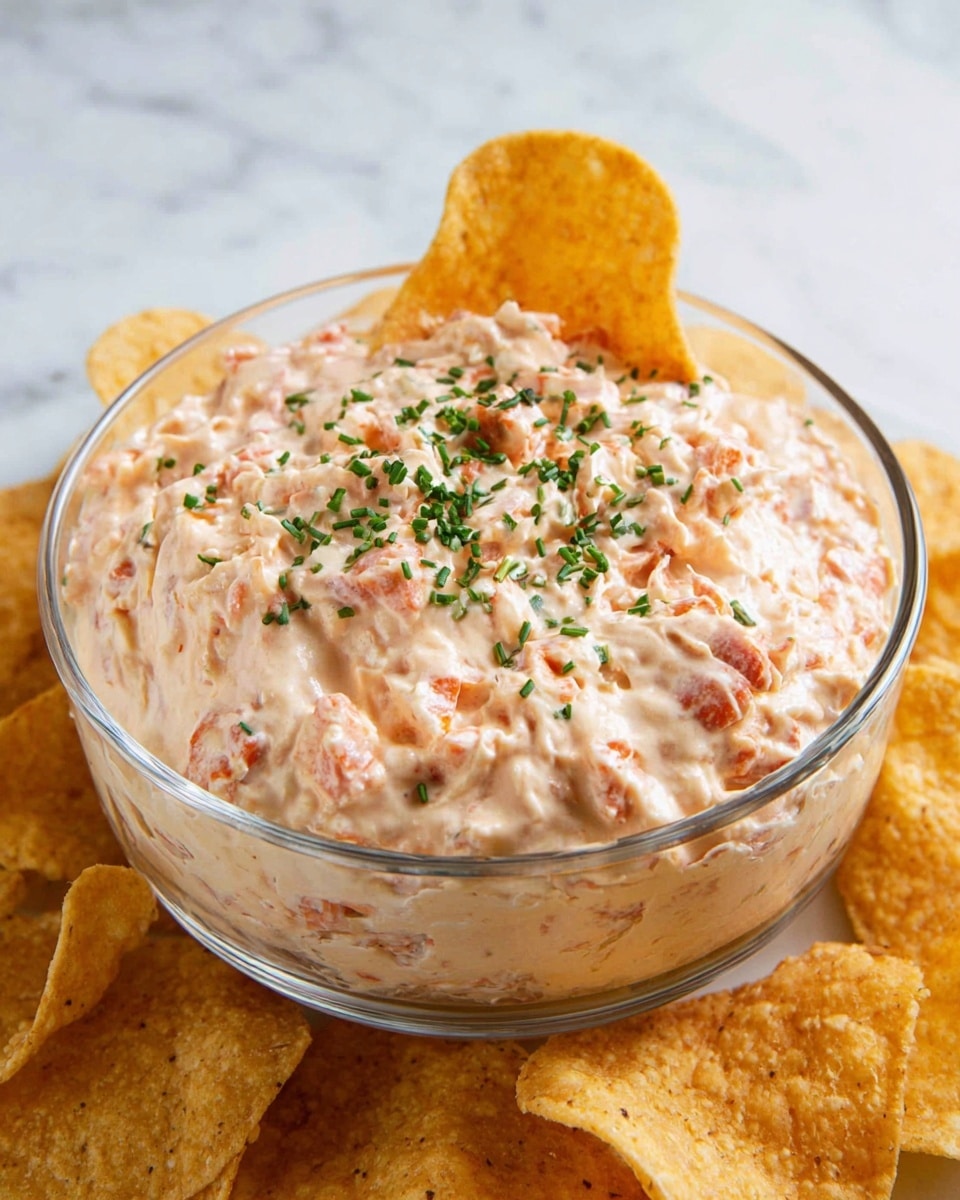 The image shows a clear glass bowl filled with a thick, creamy dip that is light orange with small chunks of red and beige mixed inside. On top, there is a sprinkling of finely chopped green herbs spread evenly. The bowl is placed on a white marbled surface, and around the bowl, there are golden, round, slightly curled tortilla chips standing upright against the bowl, adding a contrasting crunchy texture to the soft dip. photo taken with an iphone --ar 4:5 --v 7