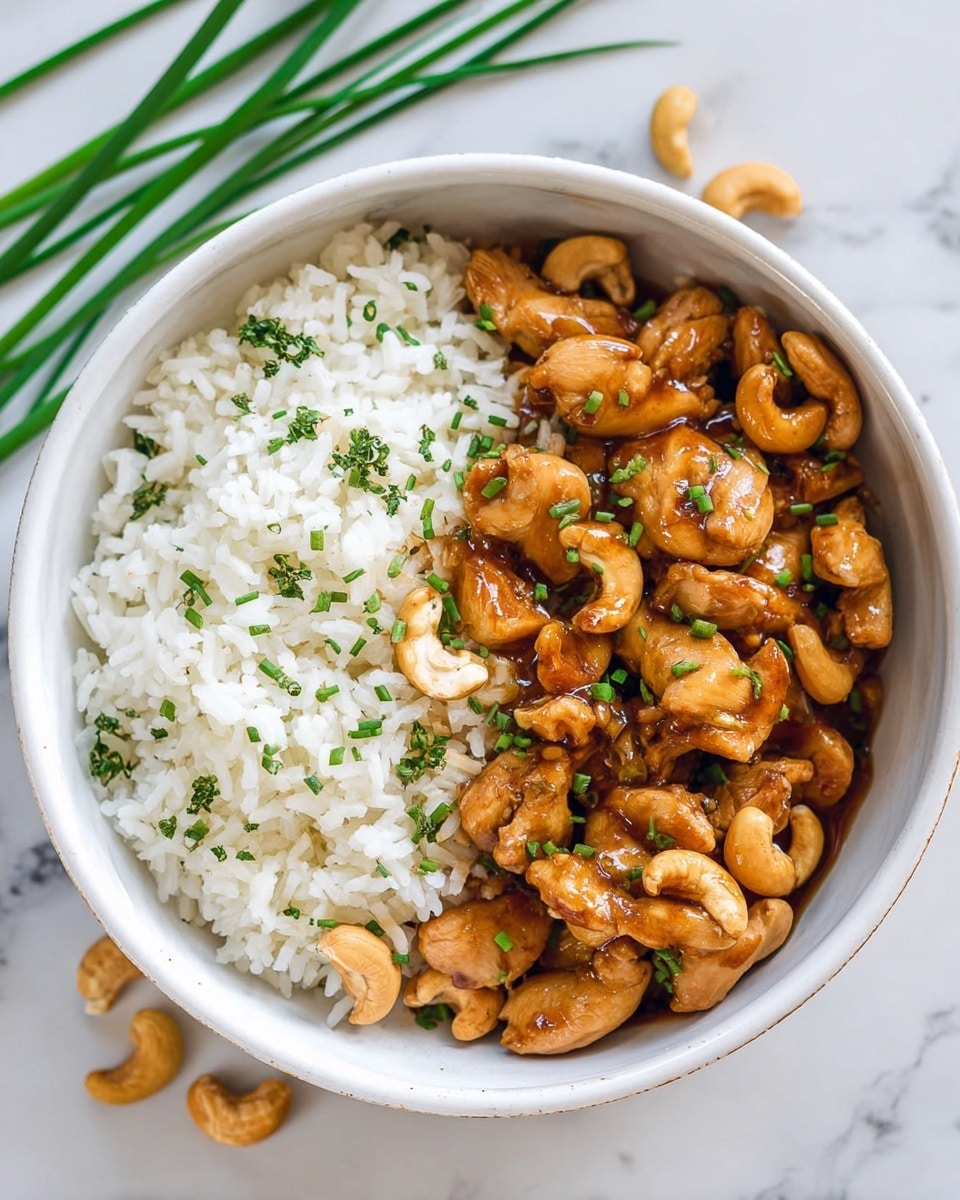 A white bowl filled with two main layers: on one side, a smooth and fluffy layer of white rice sprinkled with small green herbs; on the other side, pieces of brown glazed chicken mixed with whole golden cashew nuts, all topped with small green chives. The bowl sits on a white marbled surface scattered with a few loose cashew nuts, with long green chive stems in the background. The colors mainly show white, warm brown, and green. photo taken with an iphone --ar 4:5 --v 7