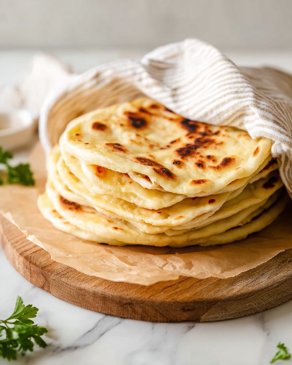 A stack of about six flatbreads with a soft, golden-brown texture and darker toasted spots is placed on light brown parchment paper over a round wooden board. The top flatbread is folded in half, showing its soft inside with light and dark spots. A striped beige and white cloth partially covers the stack. Some green parsley leaves are visible beside the board on a white marbled surface. The photo is taken close-up with soft natural light, showing the flatbreads' warm tones and slightly puffy edges. photo taken with an iphone --ar 4:5 --v 7