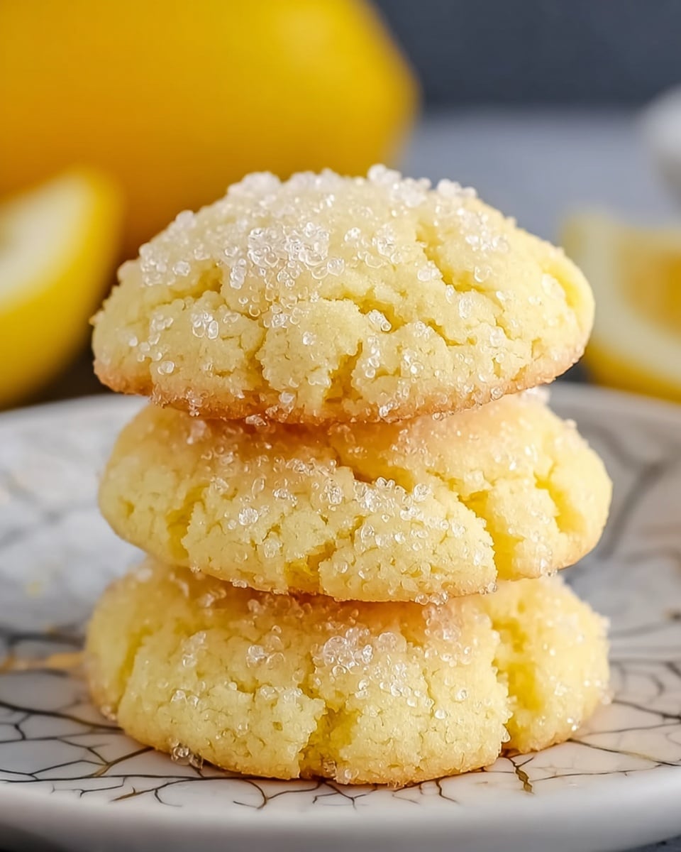 The image shows a close-up of a small stack of three lemon cookies, each with a soft yellow color and lightly cracked tops covered with coarse sugar crystals. The cookies have a round shape with the edges slightly browned and a texture that looks soft and crumbly. They are resting on a white plate with gray crackle patterns, placed on a white marbled surface. The background is softly blurred with hints of yellow, possibly lemon fruits. photo taken with an iphone --ar 4:5 --v 7