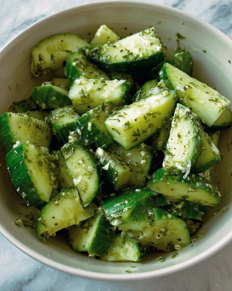 A close-up view of a white bowl filled with chopped cucumbers cut into thick slices and chunks, all coated in a mixture of finely chopped garlic and green herbs, likely dill, which sprinkle evenly over the cucumbers and the inside of the bowl. The cucumbers have a fresh, bright green skin and a pale green interior, their texture moist and slightly glossy from the seasoning. The bowl is placed on a white marbled surface. photo taken with an iphone --ar 4:5 --v 7